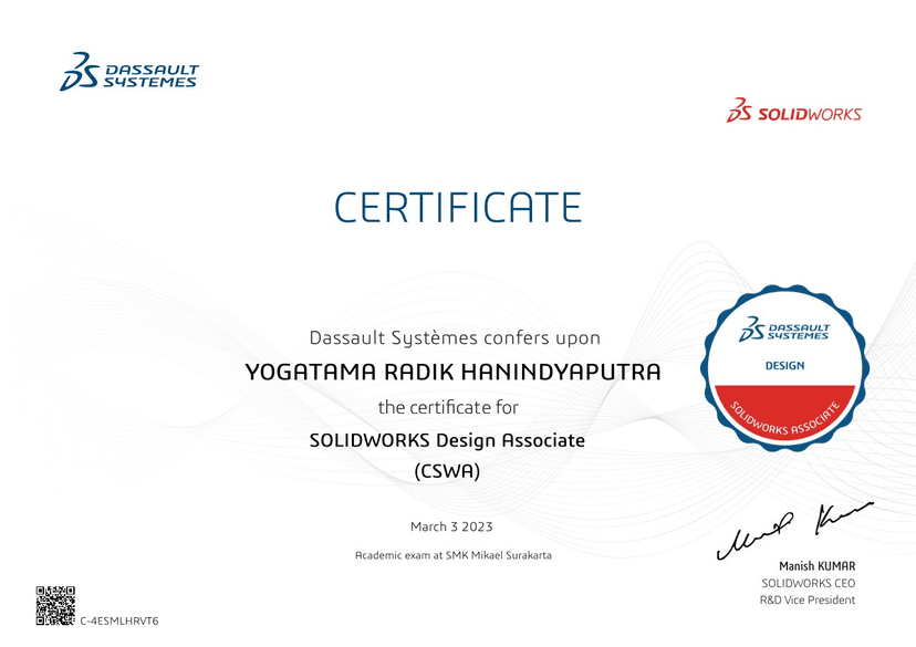 SolidWorks 3D Design Associate certificate